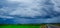 White cloudy sky and blue sky background over the local rice fields in countryside landscape of Thailand