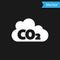 White CO2 emissions in cloud icon isolated on black background. Carbon dioxide formula, smog pollution concept