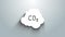 White CO2 emissions in cloud icon isolated on grey background. Carbon dioxide formula, smog pollution concept