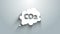 White CO2 emissions in cloud icon isolated on grey background. Carbon dioxide formula symbol, smog pollution concept