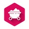 White Coal mine trolley icon isolated with long shadow. Factory coal mine trolley. Pink hexagon button. Vector