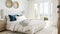 White coastal cottage bedroom decor, interior design and home decor, bed with elegant bedding and bespoke furniture