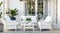 White coastal cottage terrace decor in the English countryside style with a seaview by the seaside, home decor and