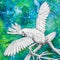 White Cockatoo parrot drawing, green blue background. Wings outstretched.