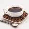 White coffee cup with coffee, plate with coffee beans and black teaspoon with sugar