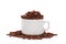 white coffee cup overfilled with roasted coffee beans on white background