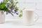 White coffee latte mug mockup with purple bird vetch