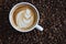 White coffee mug. Coffee is a latte. table on the wooden table in vintage style, taken from the top view, see the froth of milk