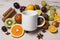 White coffee mug mockup with fruits around