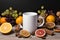 White coffee mug mockup with fruits around