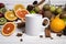 White coffee mug mockup with fruits around