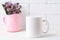 White coffee mug mockup with purple flowers in polka dot pink pi