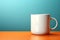 White coffee mug on orange table with blue background, AI