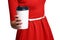 White coffee take away cup. Girl hand holding latte mug. Red dress woman. Female nail