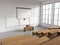 White college classroom corner with projection screen and whiteboards