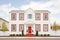 white colonial house, red door, twostory, symmetrical windows