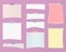 White, colorful ripped blank note, notebook paper strips for text or message stuck with sticky tape on violet background