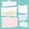 White and colorful ripped notebook paper, torn note paper strips stuck on turquoise squared background. Vector