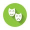 White Comedy and tragedy theatrical masks icon isolated with long shadow. Green circle button. Vector