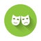 White Comedy and tragedy theatrical masks icon isolated with long shadow. Green circle button. Vector Illustration