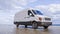 White Commercial Van on Coastline Road Motion Blurred Fisheye lens 3d Illustration
