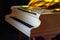 White concert piano on a dark background illuminated by colored spotlights.