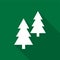 White coniferous trees icons with long shadow on green background.