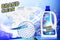 White container 3d bottle with laundry detergent ad. Stain remover package design for advertising. Washing detergent