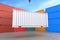 White container cargo container hanging on a crane hook, delivery service concept, freight transportation logistics