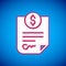 White Contract money icon isolated on blue background. Banking document dollar file finance money page. Vector