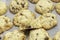 White cookies with pieces of chocolate on white backing paper