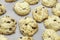 White cookies with pieces of chocolate on white backing paper