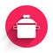 White Cooking pot icon isolated with long shadow. Boil or stew food symbol. Red circle button. Vector