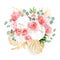 White and coral hydrangea, orange and peachy roses, carnation