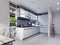 White corner kitchen in contemporary design with modern technological furniture