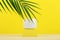 White cosmetic jar on yellow podium against yellow background with palm leaf and space for text