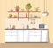 White cosy kitchen interior with furniture, sink, lamp and microwave oven, big shelf with different plant, dishes - teapot, pan,