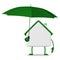 White cottage with green umbrella