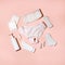 White cotton panties for women with traces of fresh red blood and care products. Concept of menstruation, female shame, taboo,