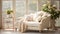 a white couch sitting next to a window filled with flowers Coastal interior Lounge with Cream color