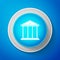 White Courthouse building icon isolated on blue background. Building bank or museum. Circle blue button with white line