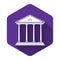 White Courthouse building icon isolated with long shadow. Building bank or museum. Purple hexagon button
