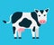 White cow with black spots. Cute farm pet. Young cow with dairy udder, milk. Vector illustration isolated on blue
