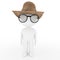 White cowboy man with glasses and hat on white isolated in 3D rendering