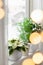 white cozy window arrangement, winter christmas concept, poinsettia flower, lights