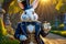 White crazy rabbit with a pocket watch from the fairy tale Alice in Wonderland