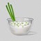 White cream in glass bowl, yogurt, mayonnaise or sour cream, vector dairy products