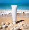 white cream tube with copy space. beach background daylight concept.