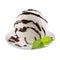 White creamy ice cream scoop with chocolate sauce and fresh green mint on white plate isolated, closeup. Template for restaurant m