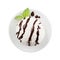 White creamy ice cream scoop with chocolate sauce and fresh green mint on white plate isolated, closeup. Template for restaurant m